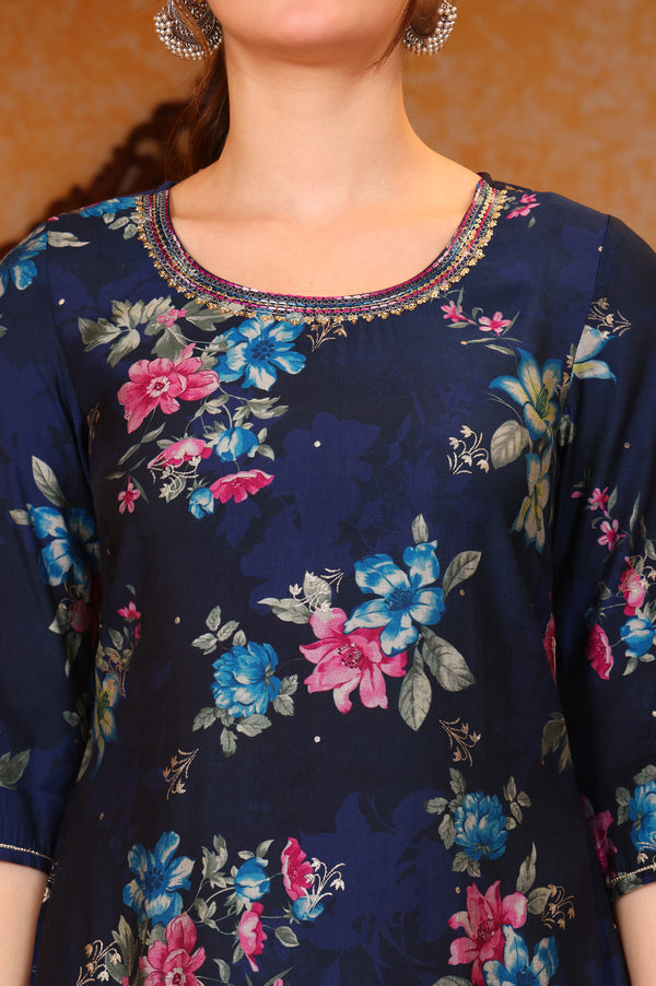 Blue Digital Foil Floral Printed Curved A-line Kurta