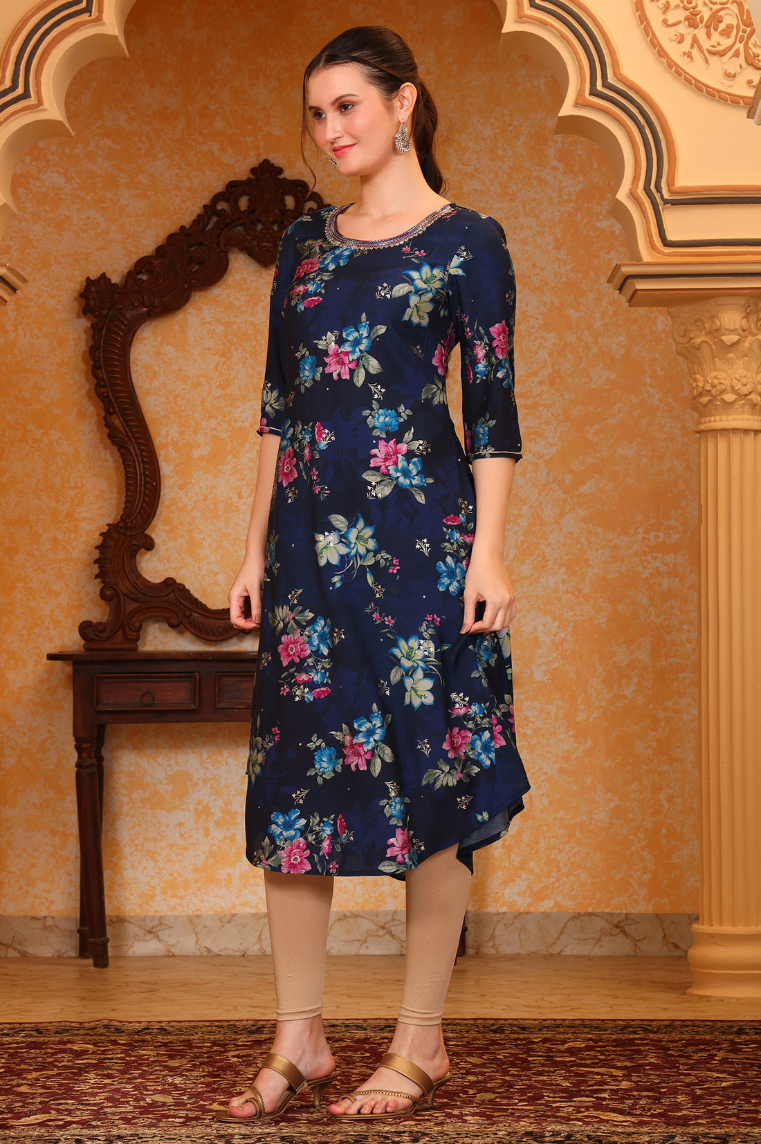 Blue Digital Foil Floral Printed Curved A-line Kurta