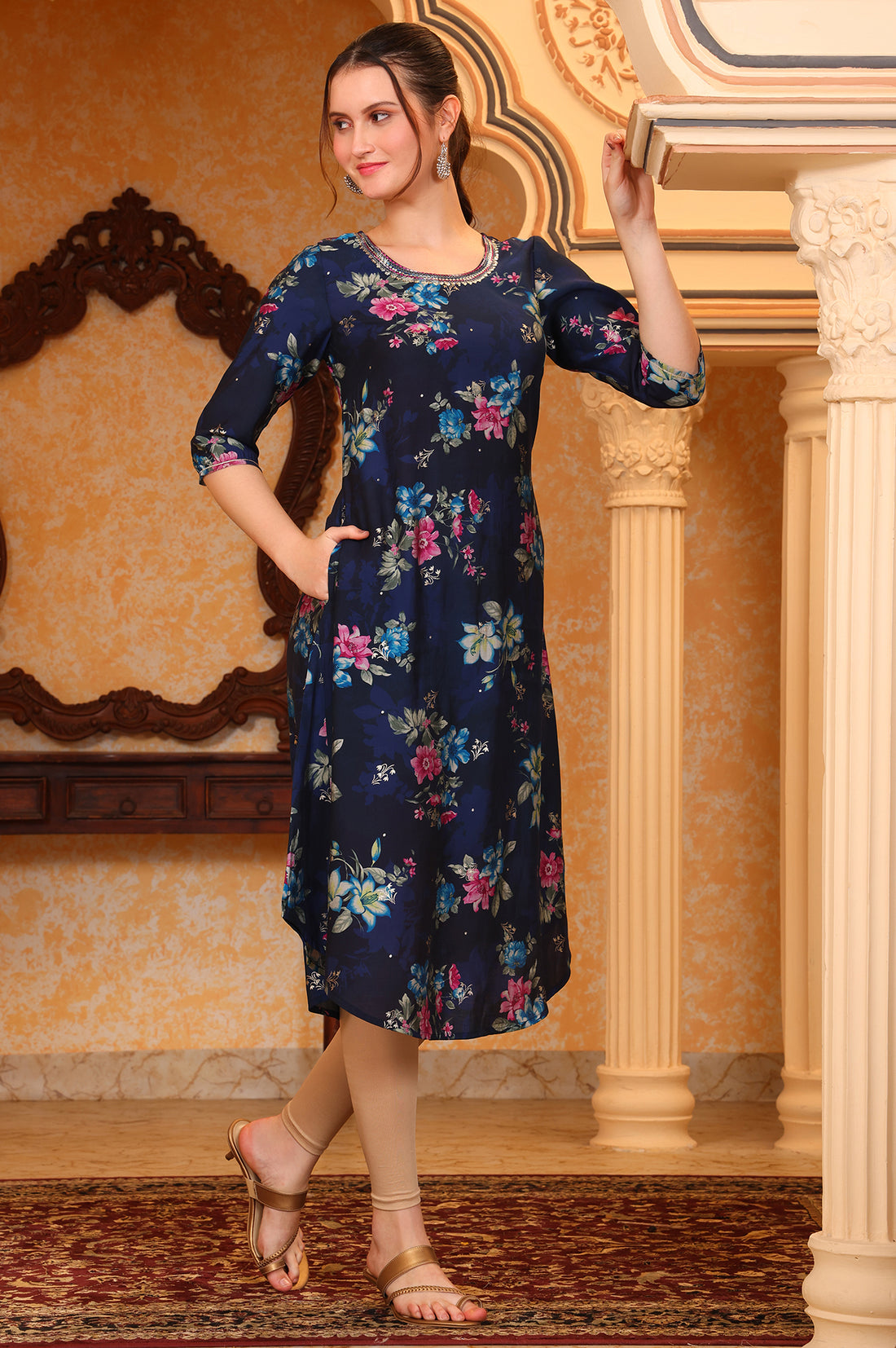 Blue Digital Foil Floral Printed Curved A-line Kurta