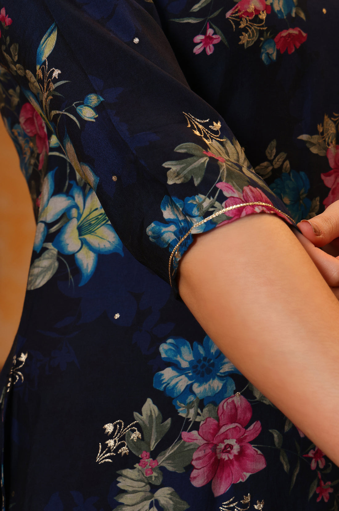 Blue Digital Foil Floral Printed Curved A-line Kurta