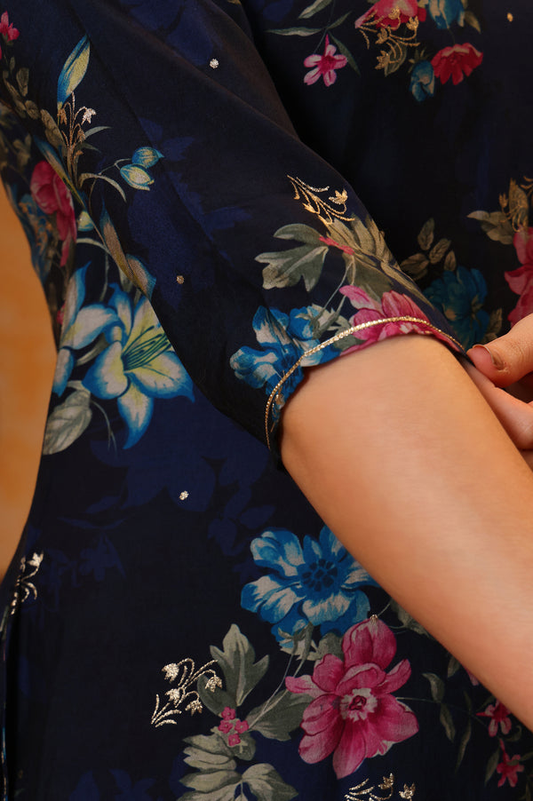 Blue Digital Foil Floral Printed Curved A-line Kurta
