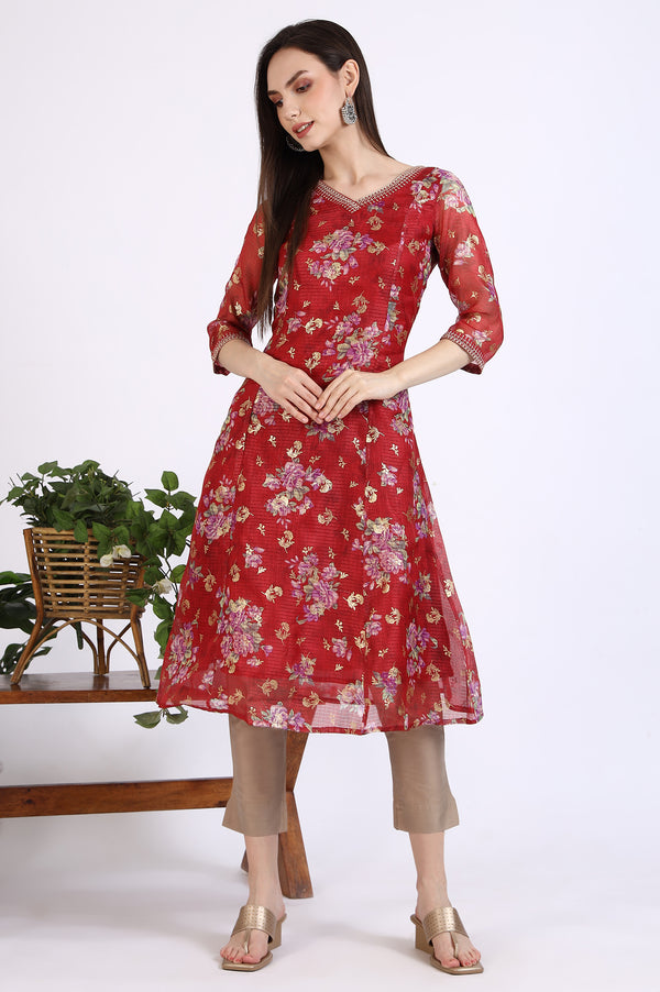 Maroon Foil Floral Printed Kota Flared Kurta with Zari Embroidery