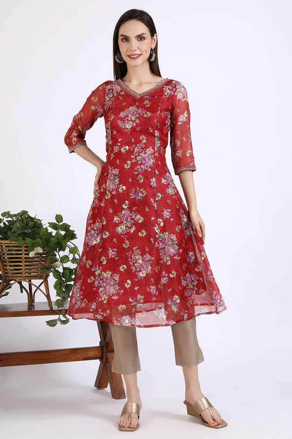 Maroon Foil Floral Printed Kota Flared Kurta with Zari Embroidery