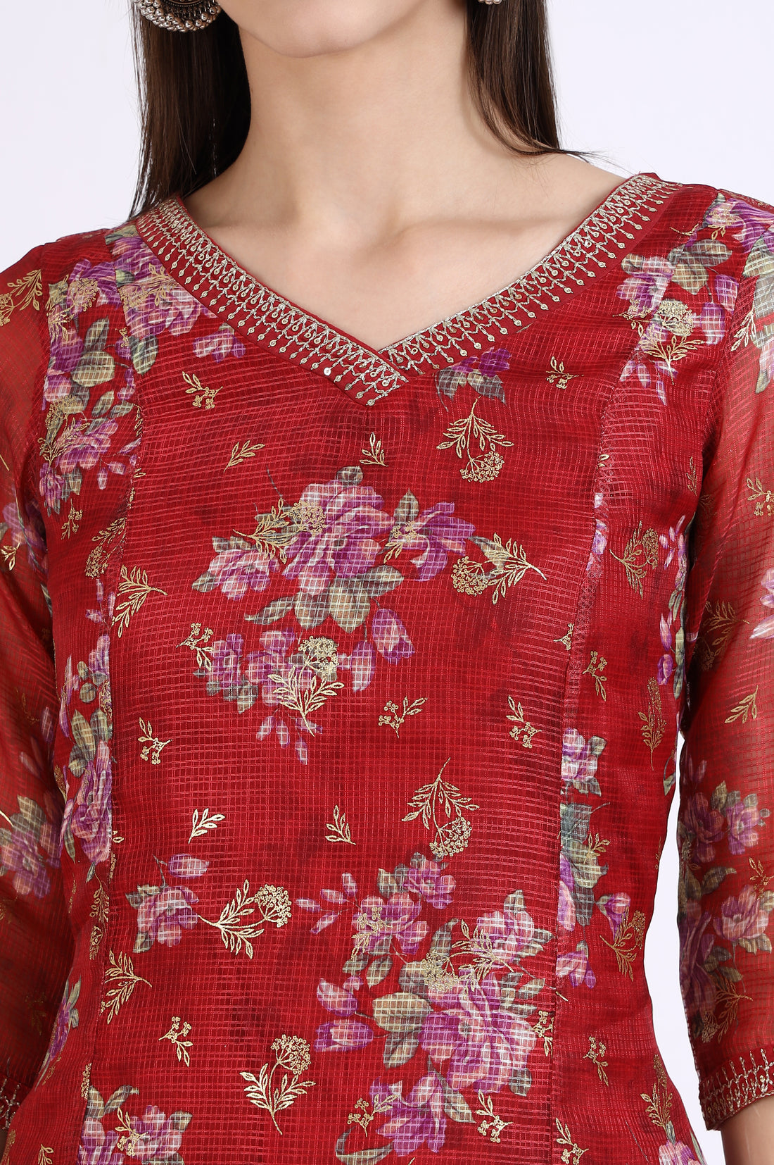 Maroon Foil Floral Printed Kota Flared Kurta with Zari Embroidery