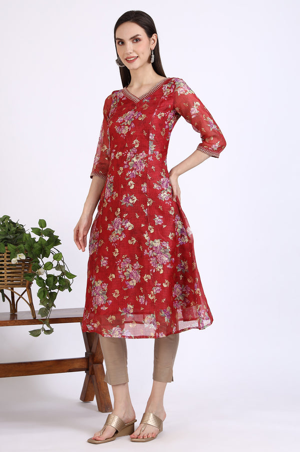 Maroon Foil Floral Printed Kota Flared Kurta with Zari Embroidery