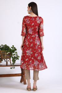 Maroon Foil Floral Printed Kota Flared Kurta with Zari Embroidery