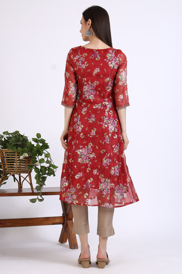 Maroon Foil Floral Printed Kota Flared Kurta with Zari Embroidery