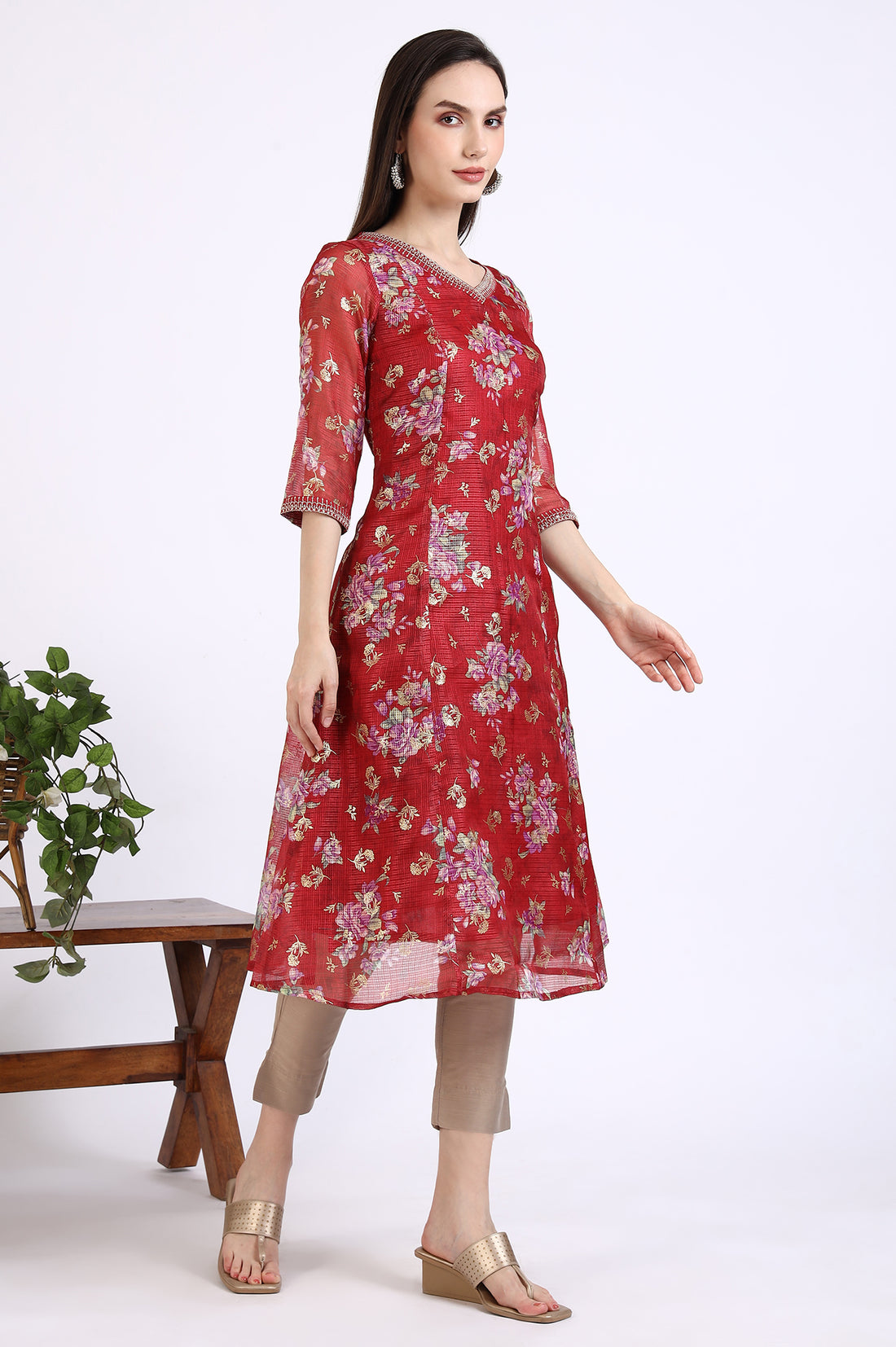 Maroon Foil Floral Printed Kota Flared Kurta with Zari Embroidery