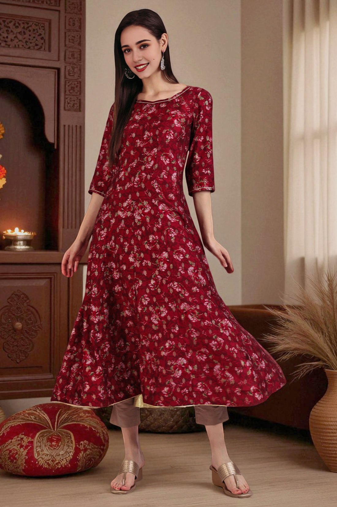 Maroon Floral Printed Kalidar Anarkali Kurta with Gotta