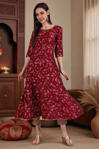 Maroon Floral Printed Kalidar Anarkali Kurta with Gotta