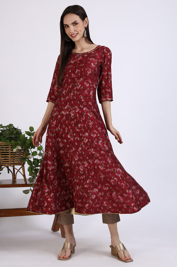 Maroon Floral Printed Kalidar Anarkali Kurta with Gotta