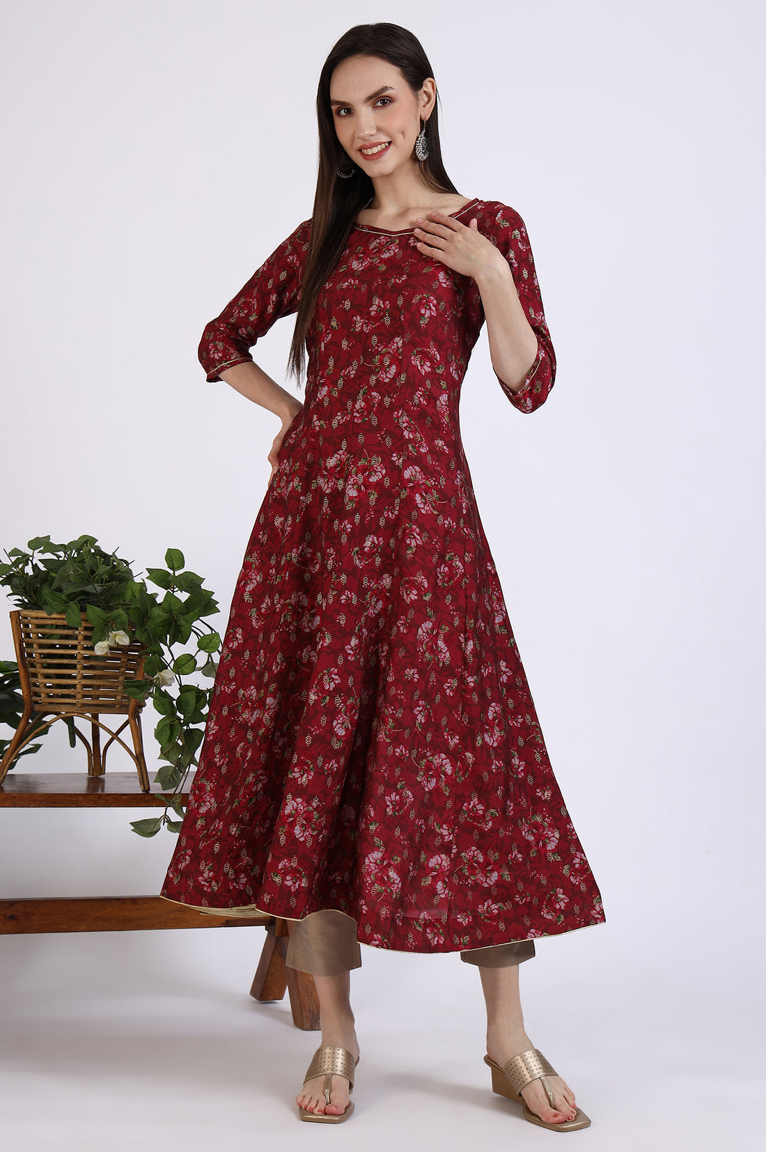 Maroon Floral Printed Kalidar Anarkali Kurta with Gotta