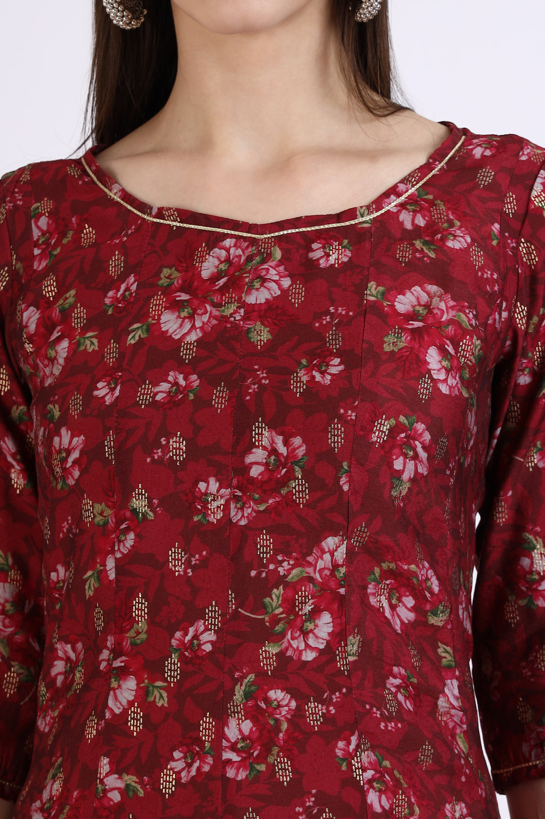 Maroon Floral Printed Kalidar Anarkali Kurta with Gotta