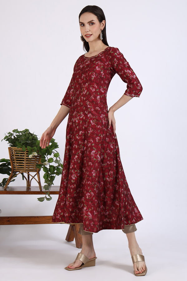 Maroon Floral Printed Kalidar Anarkali Kurta with Gotta