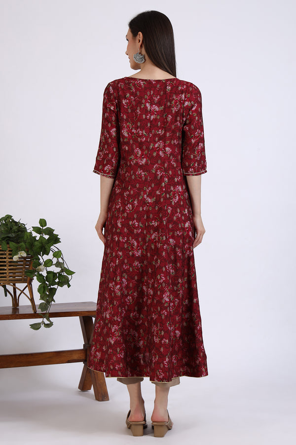 Maroon Floral Printed Kalidar Anarkali Kurta with Gotta