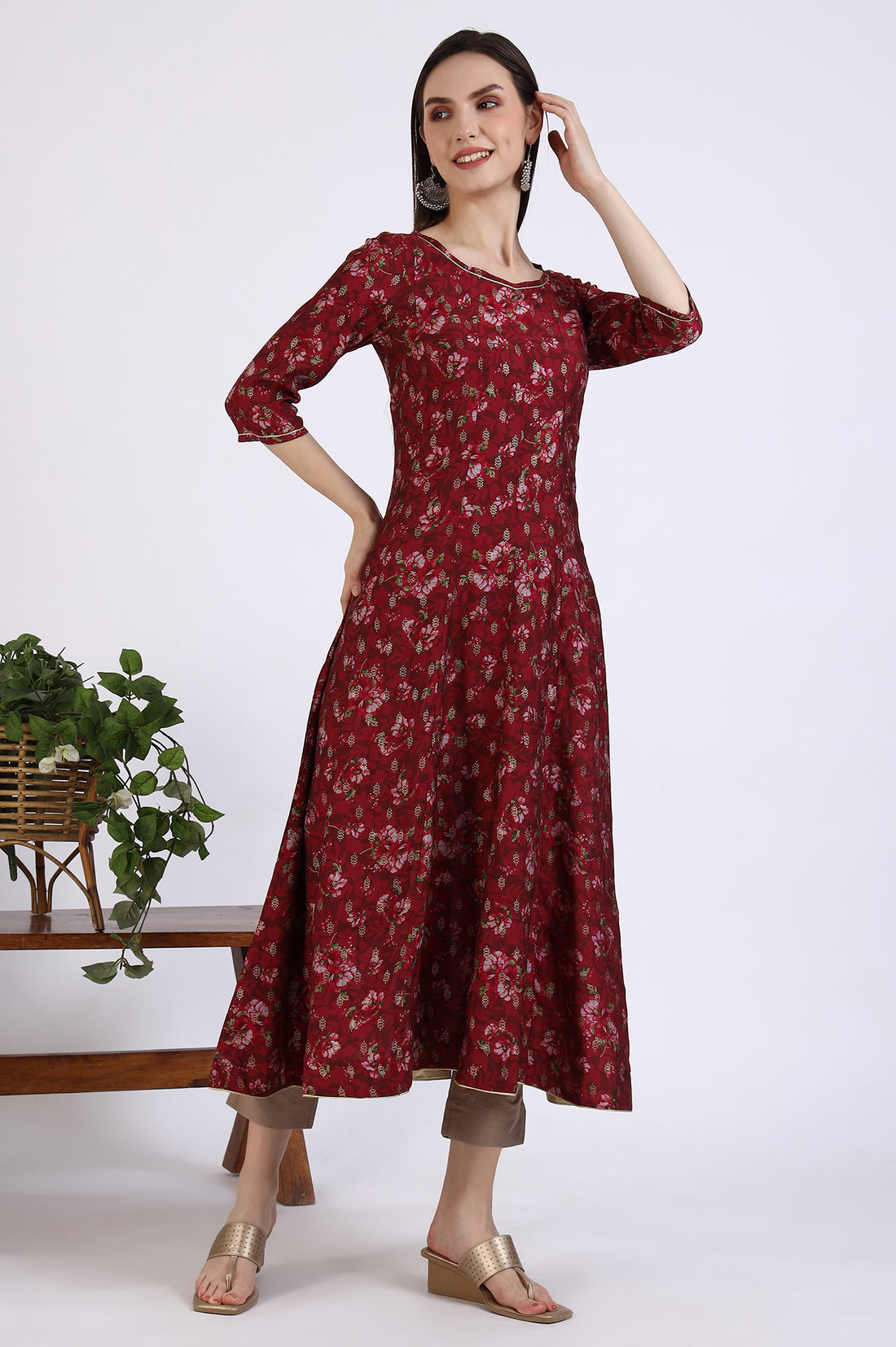 Maroon Floral Printed Kalidar Anarkali Kurta with Gotta