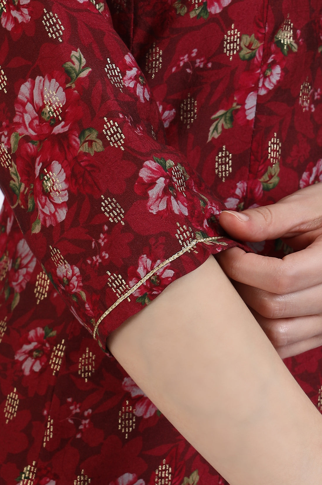 Maroon Floral Printed Kalidar Anarkali Kurta with Gotta