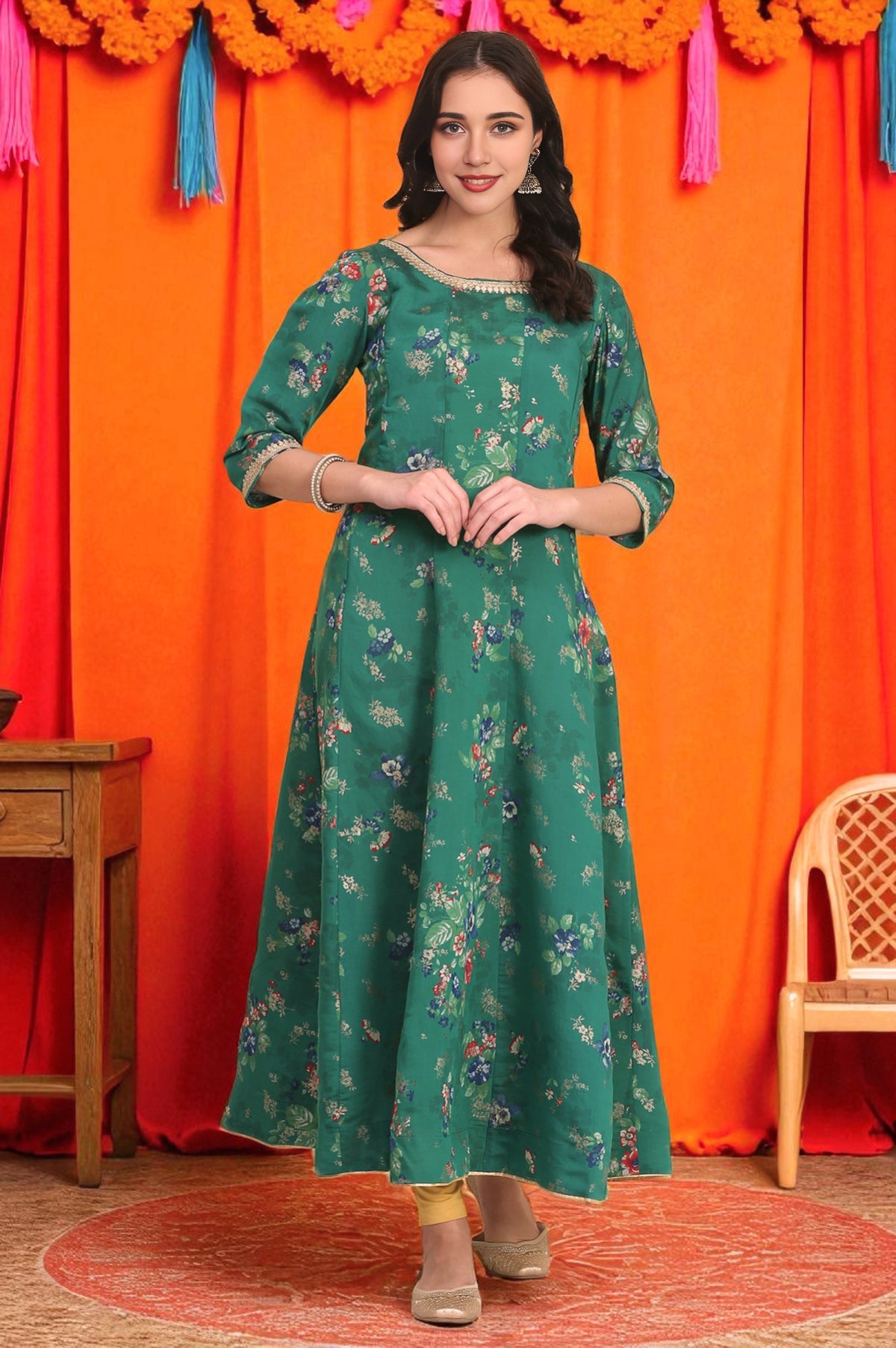 Green Floral Printed Lace Embellished Anarkali Kurta - XS