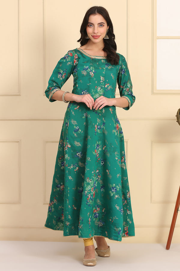 Green Floral Printed Lace Embellished Anarkali Kurta