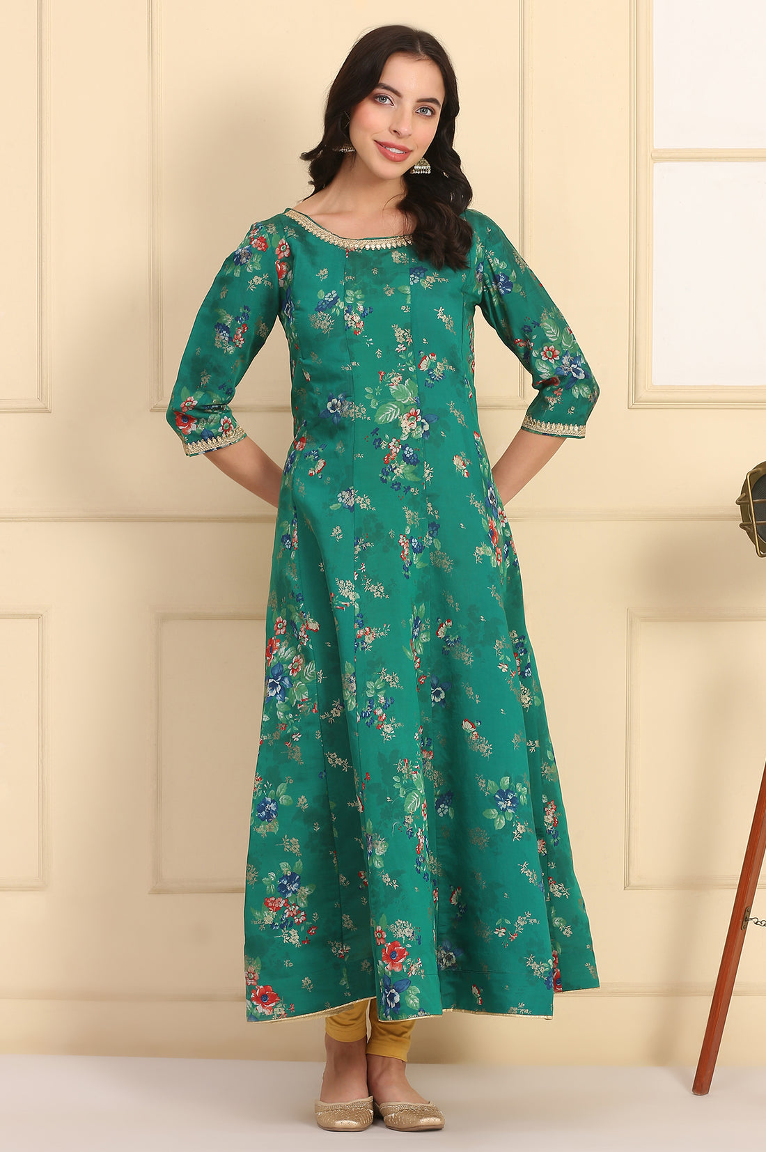 Green Floral Printed Lace Embellished Anarkali Kurta