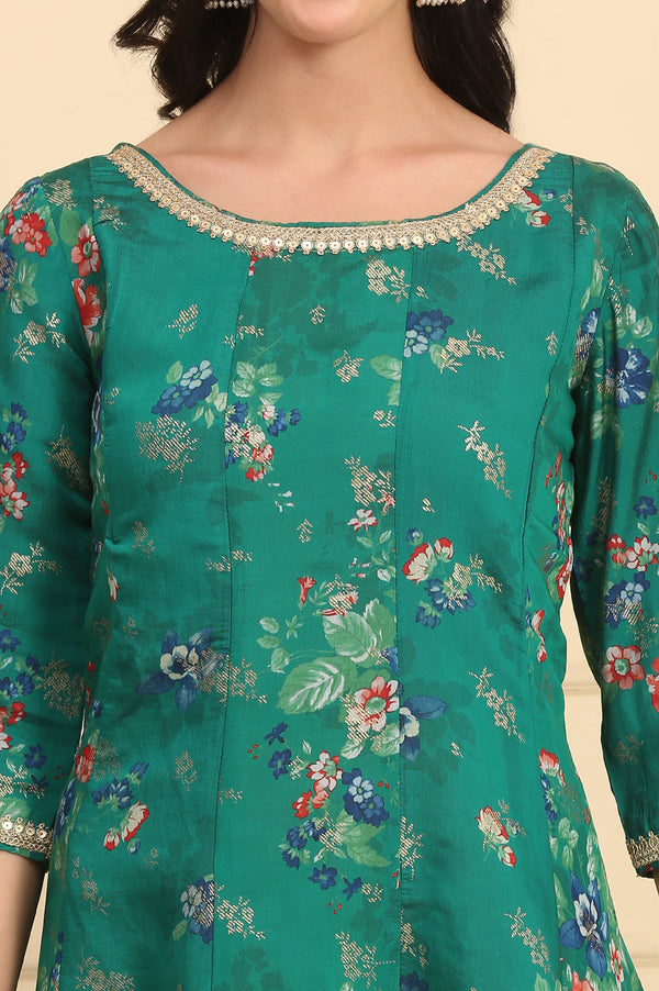 Green Floral Printed Lace Embellished Anarkali Kurta