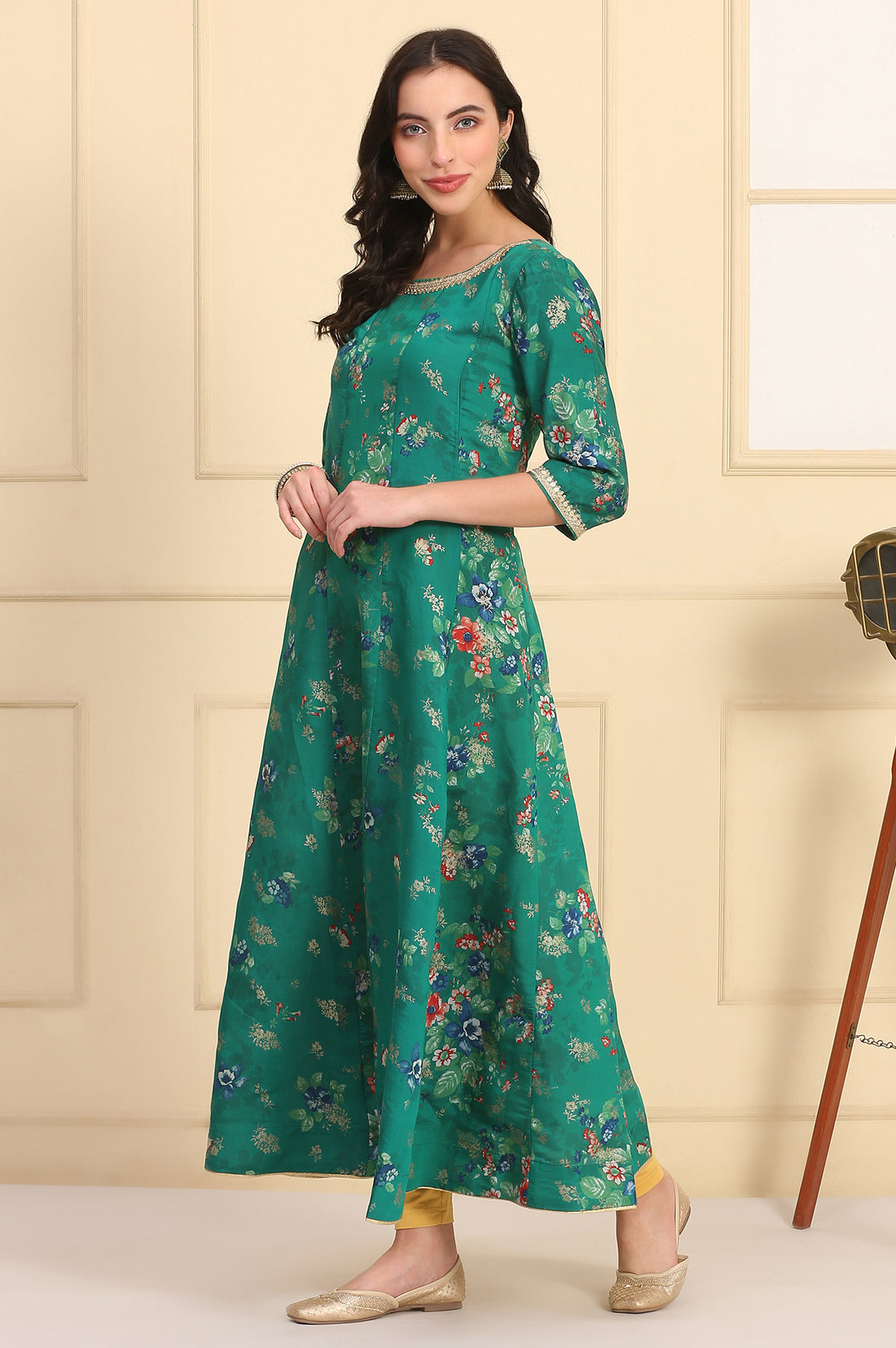 Green Floral Printed Lace Embellished Anarkali Kurta