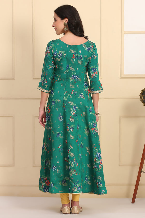 Green Floral Printed Lace Embellished Anarkali Kurta