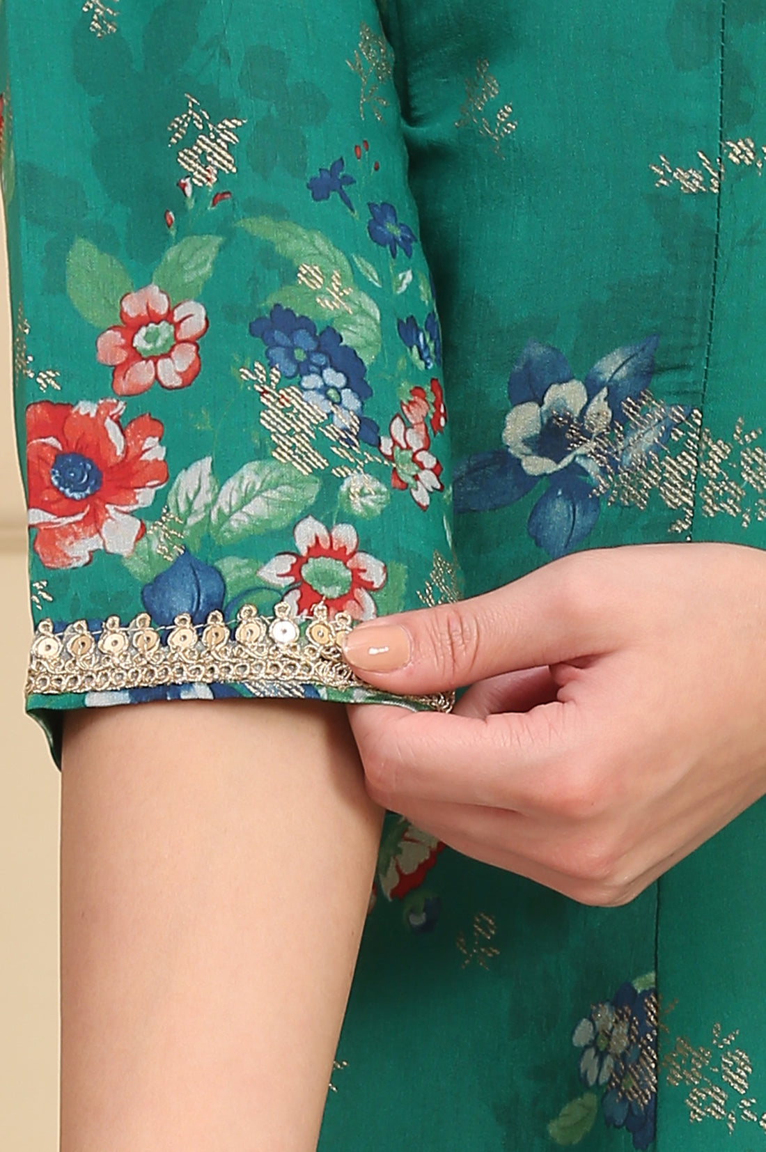 Green Floral Printed Lace Embellished Anarkali Kurta