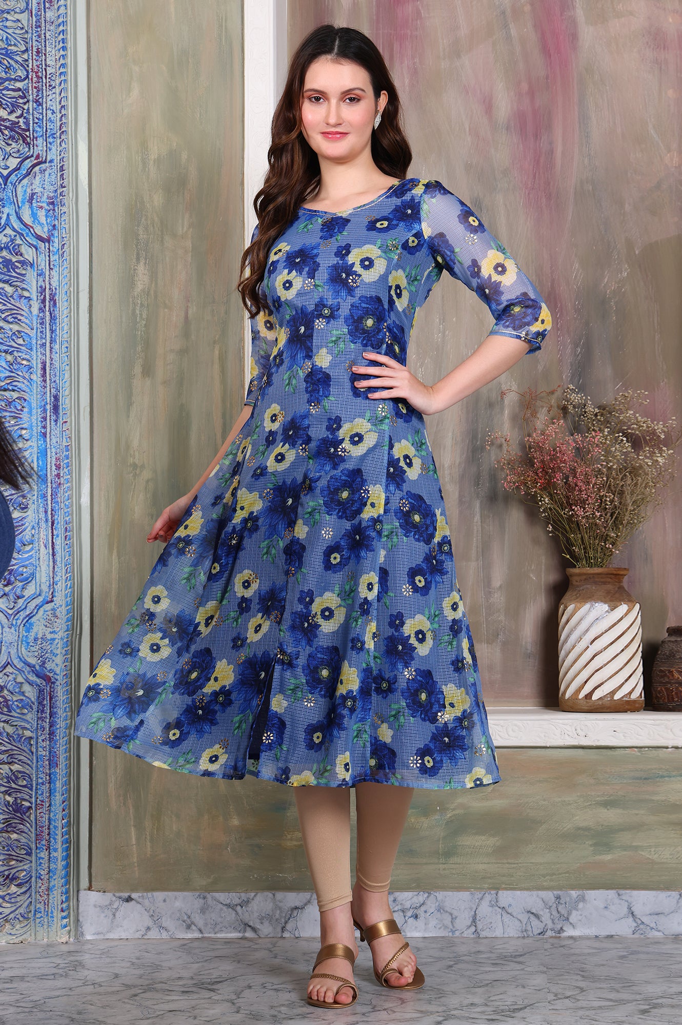 Blue Floral Printed Kota Anarkali Kurta with Gota Patti