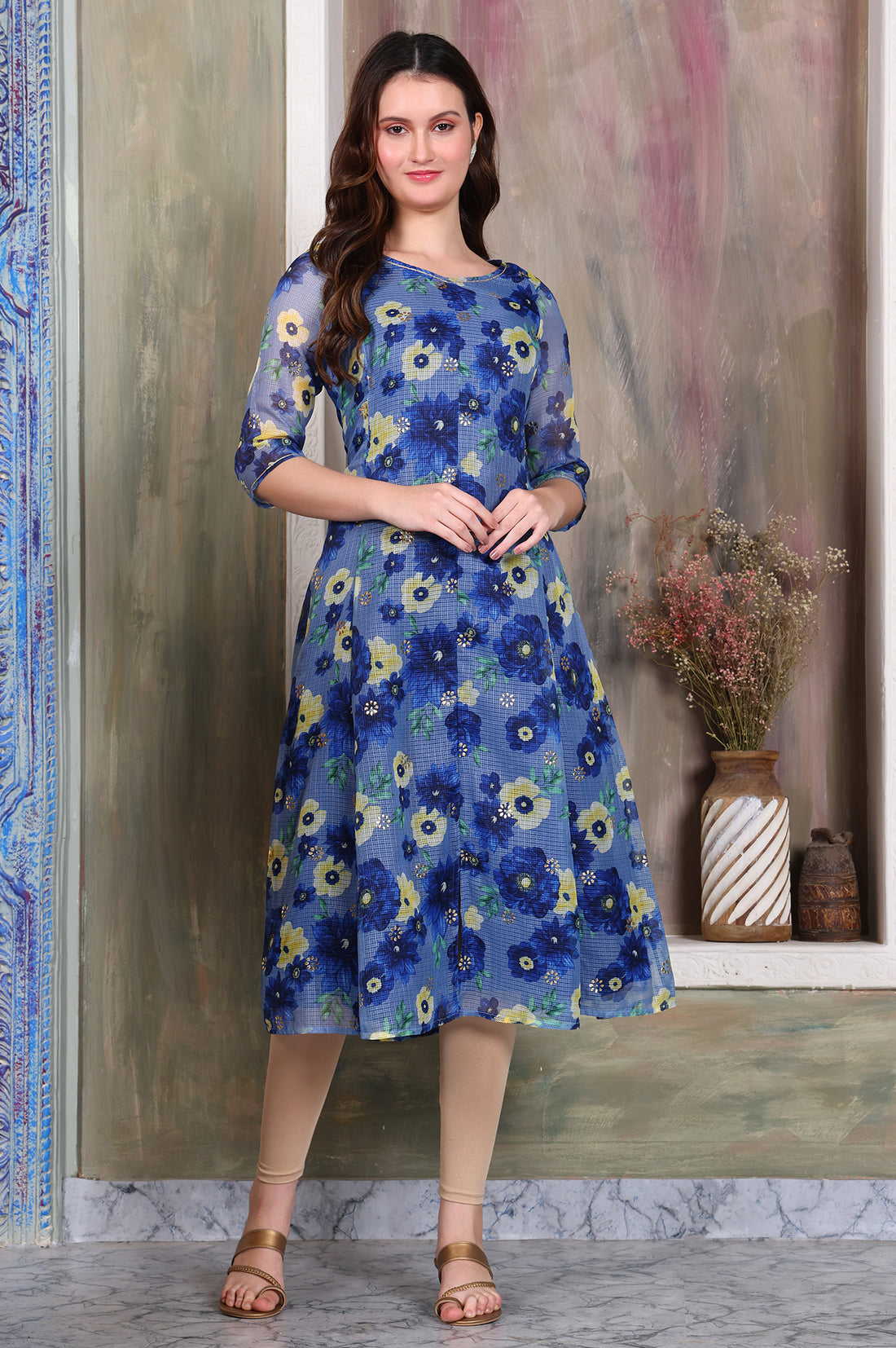 Blue Floral Printed Kota Anarkali Kurta with Gota Patti