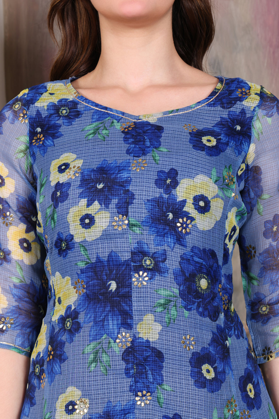 Blue Floral Printed Kota Anarkali Kurta with Gota Patti