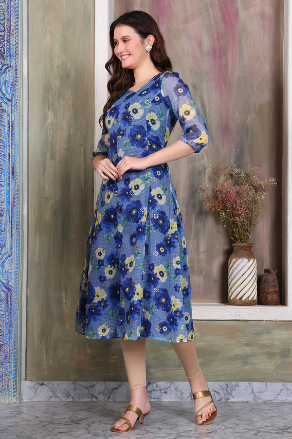 Blue Floral Printed Kota Anarkali Kurta with Gota Patti