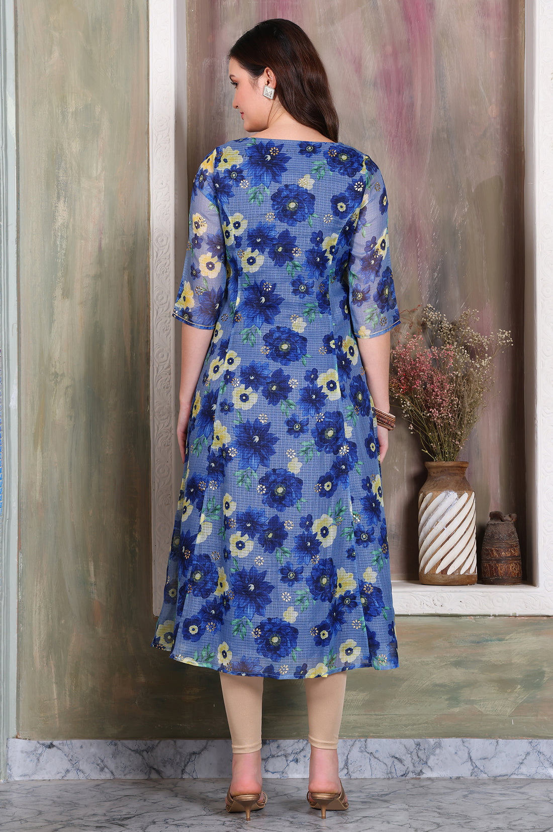 Blue Floral Printed Kota Anarkali Kurta with Gota Patti