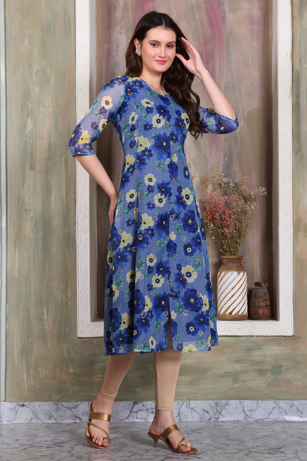 Blue Floral Printed Kota Anarkali Kurta with Gota Patti