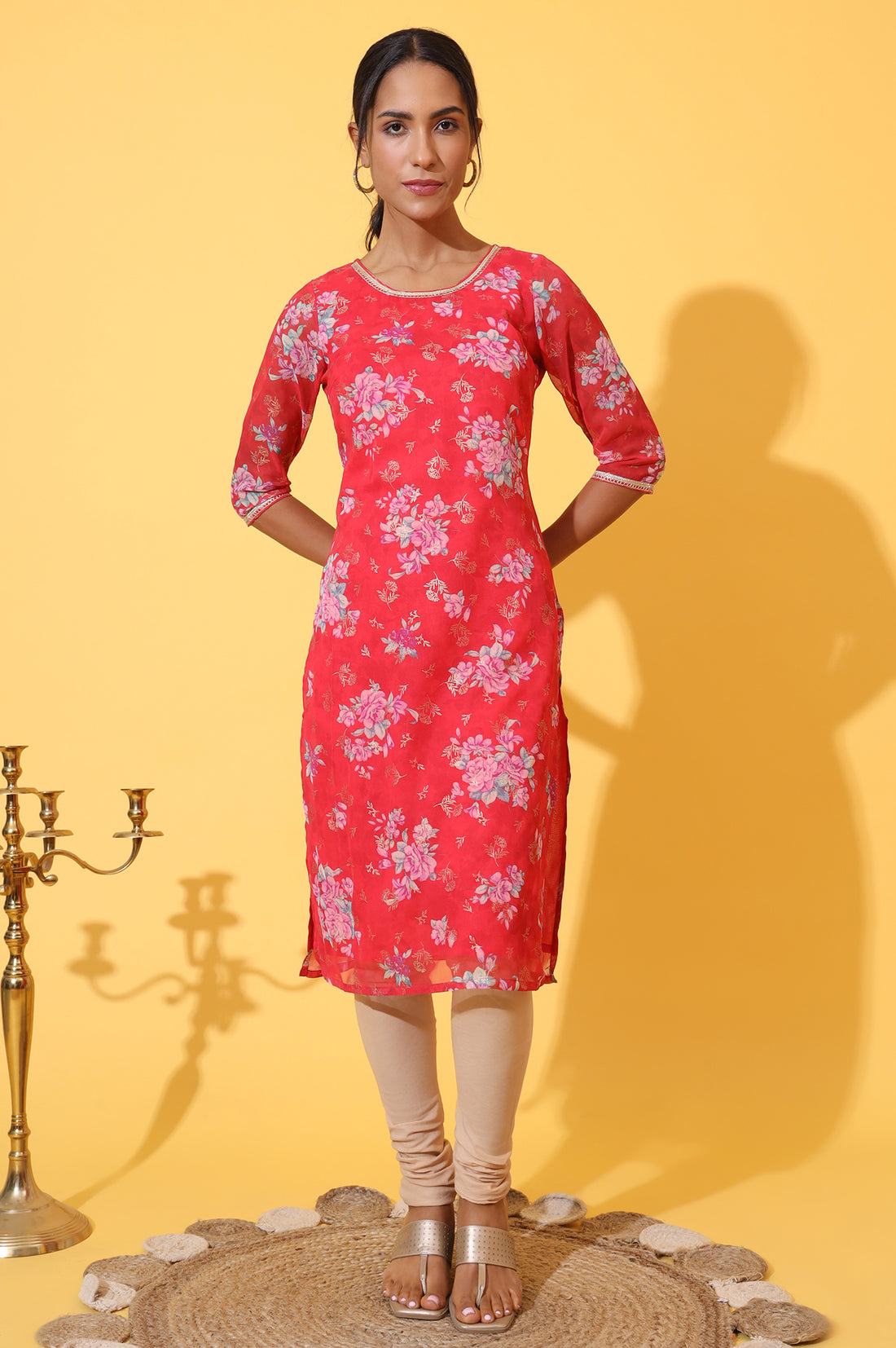 Red Digital Floral Printed Chiffon Straight Kurta
