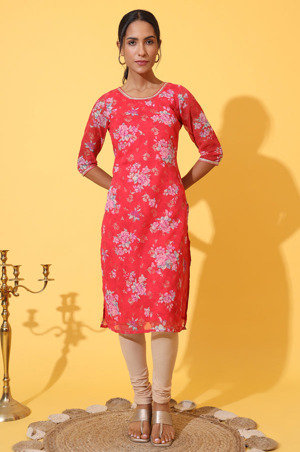 Red Digital Floral Printed Chiffon Straight Kurta