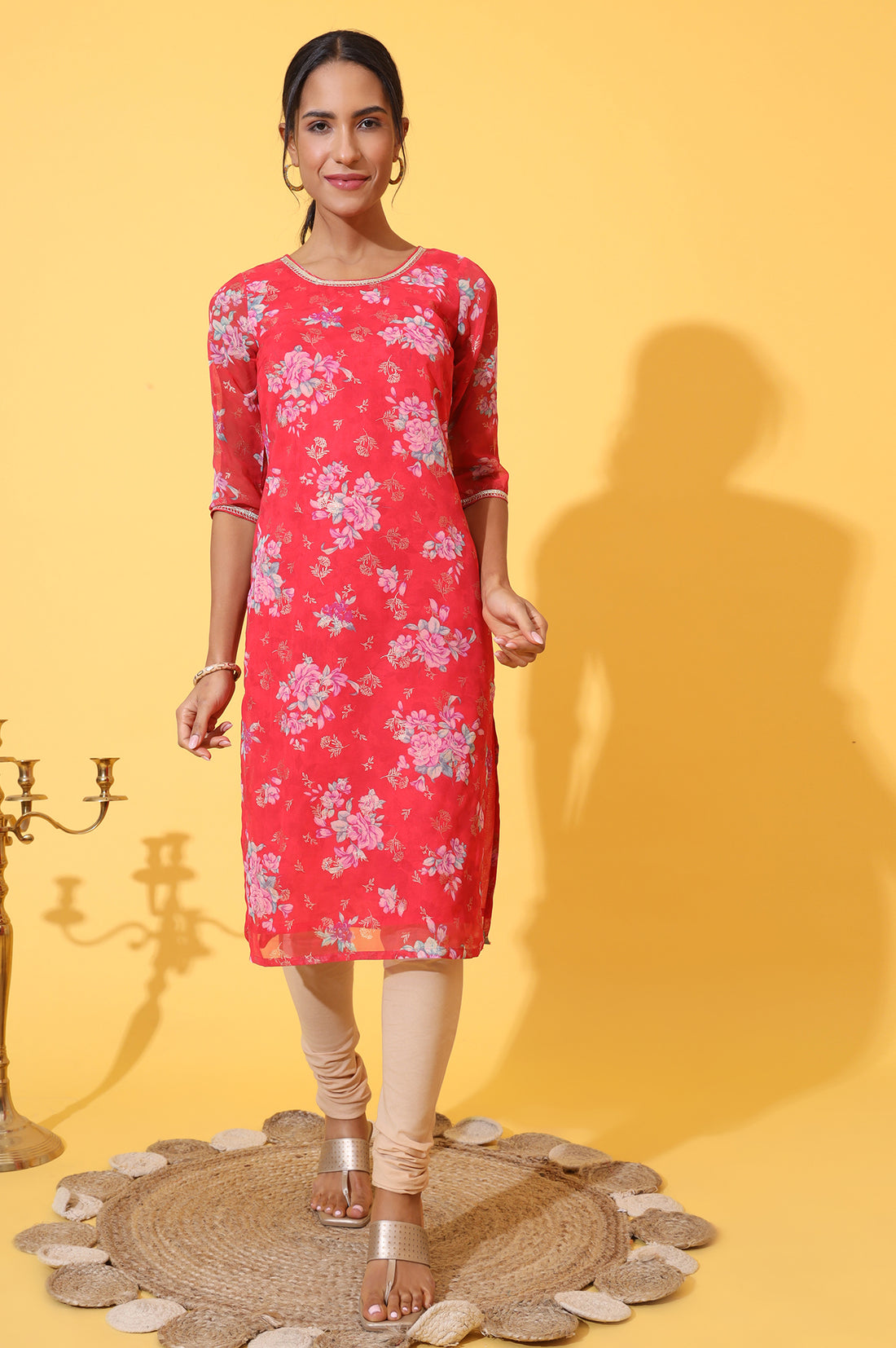 Red Digital Floral Printed Chiffon Straight Kurta