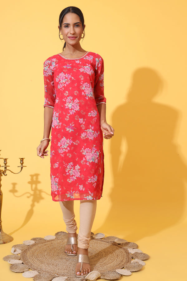 Red Digital Floral Printed Chiffon Straight Kurta
