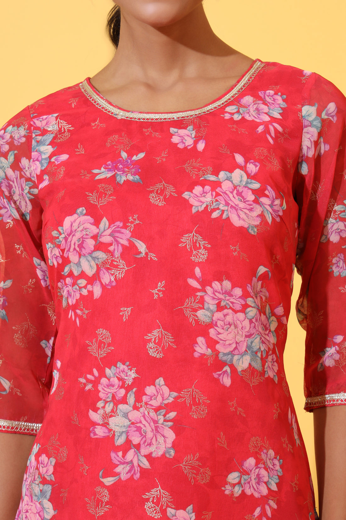 Red Digital Floral Printed Chiffon Straight Kurta