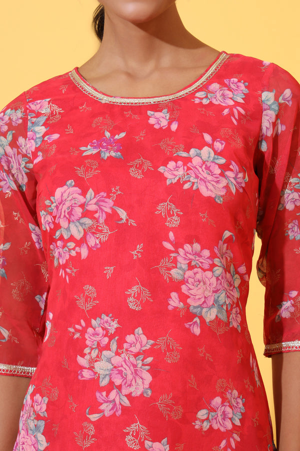 Red Digital Floral Printed Chiffon Straight Kurta