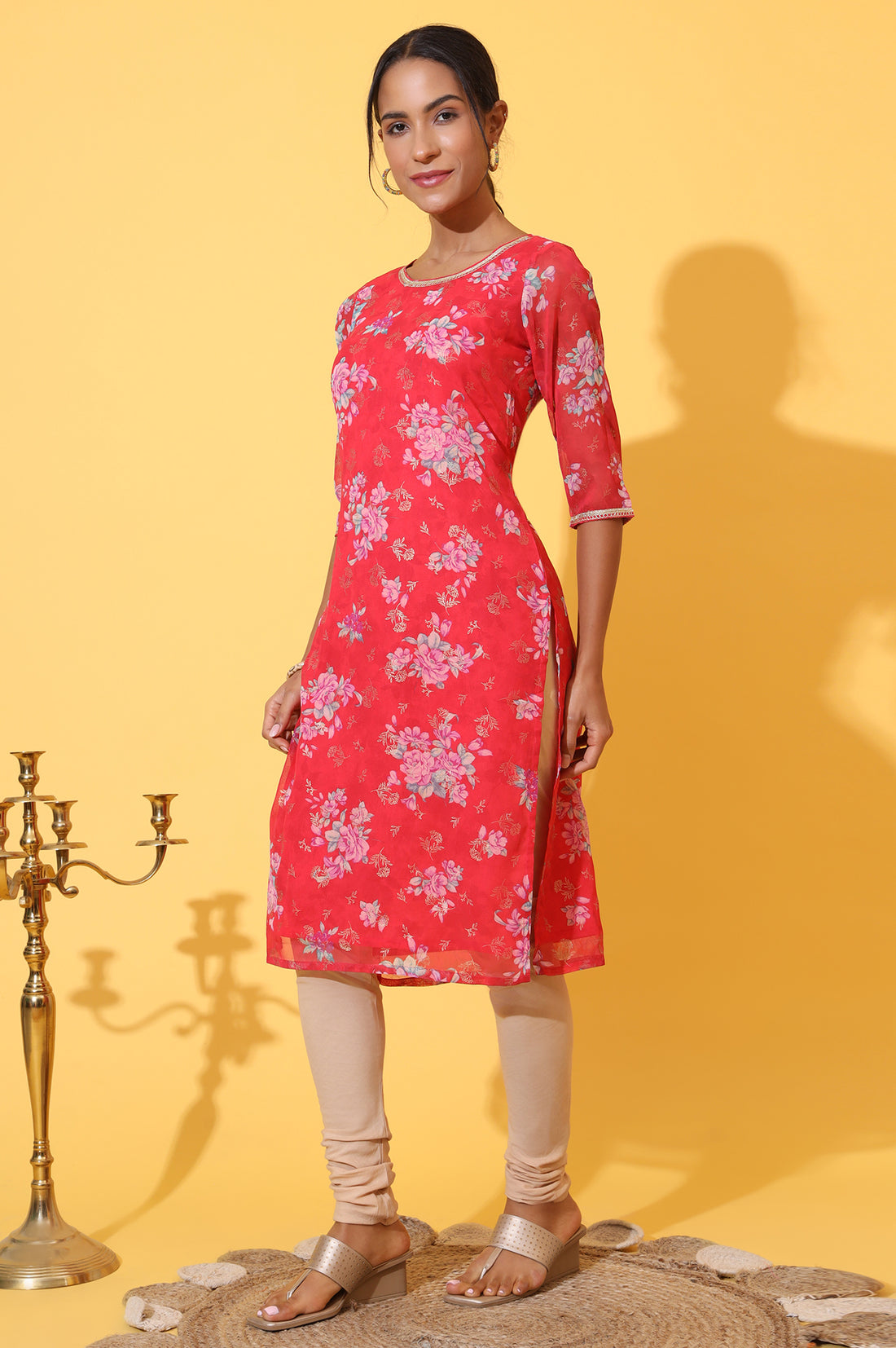 Red Digital Floral Printed Chiffon Straight Kurta