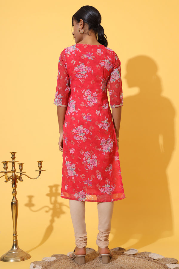 Red Digital Floral Printed Chiffon Straight Kurta