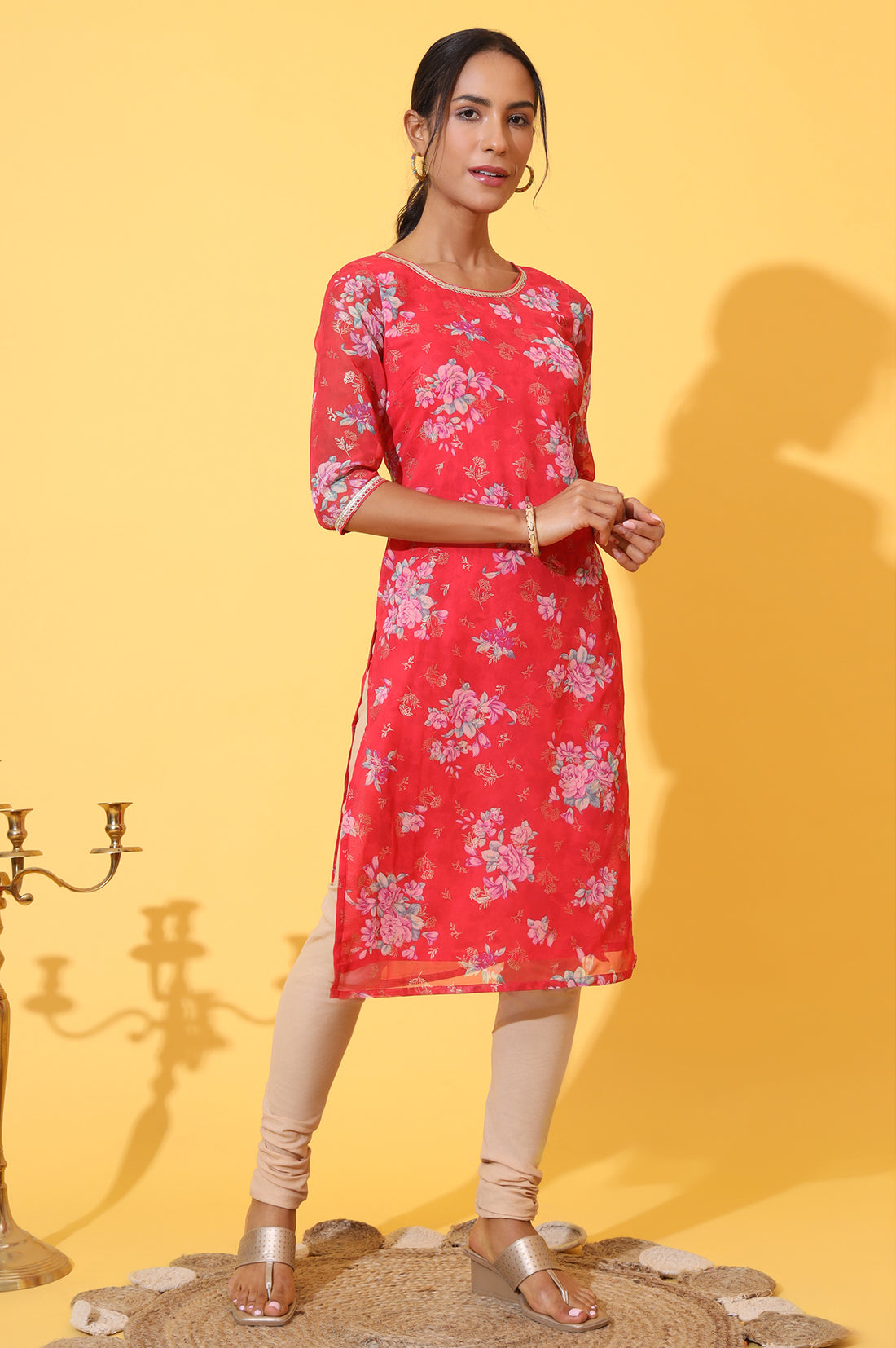 Red Digital Floral Printed Chiffon Straight Kurta