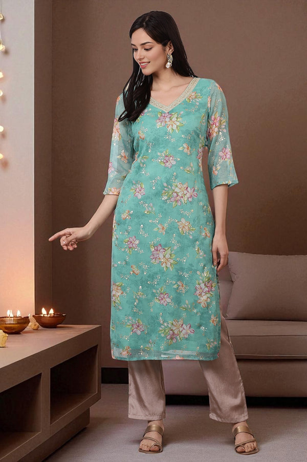Green Floral Foil Printed Georgette Straight Kurta