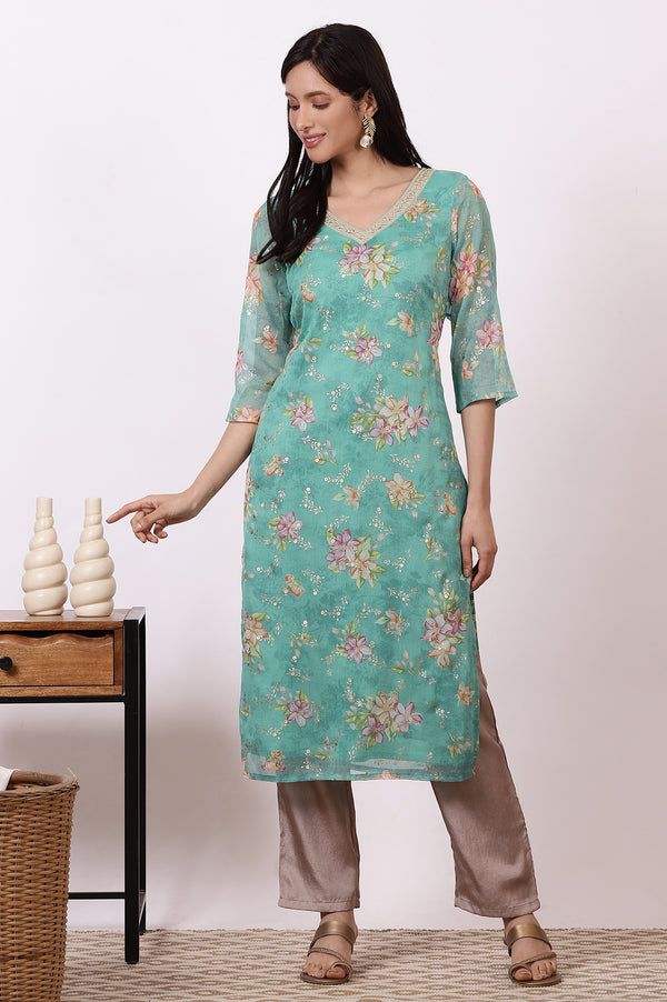 Green Floral Foil Printed Georgette Straight Kurta