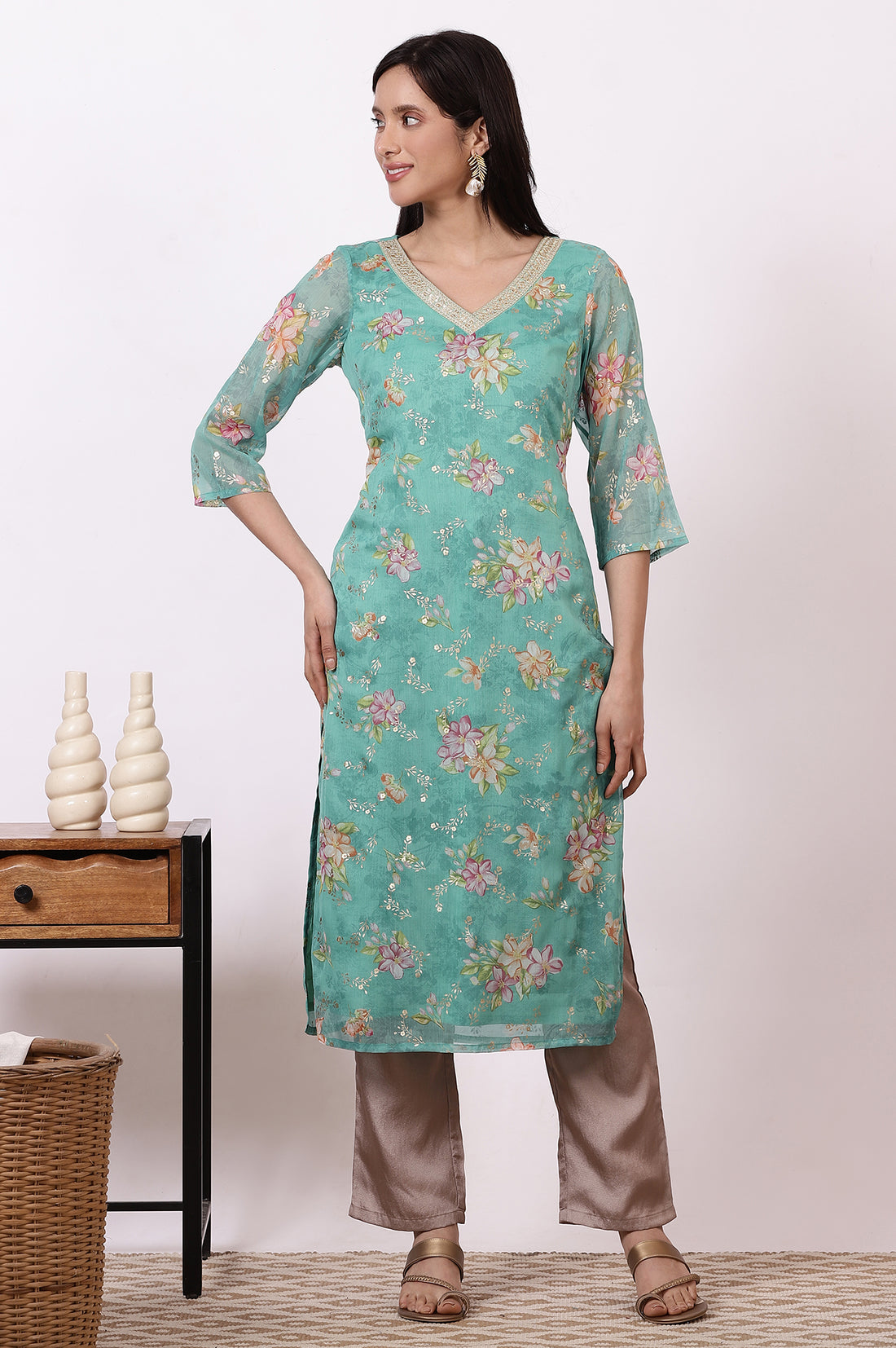 Green Floral Foil Printed Georgette Straight Kurta