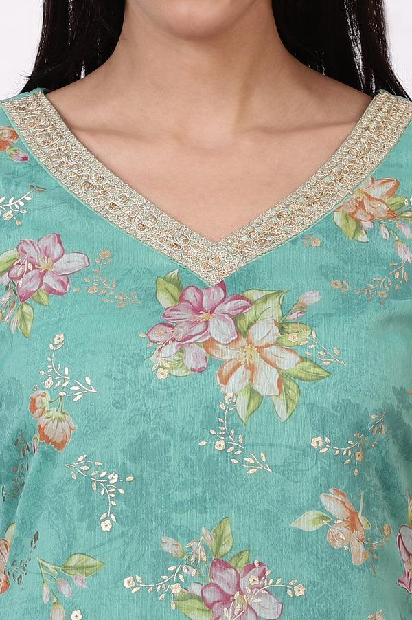 Green Floral Foil Printed Georgette Straight Kurta