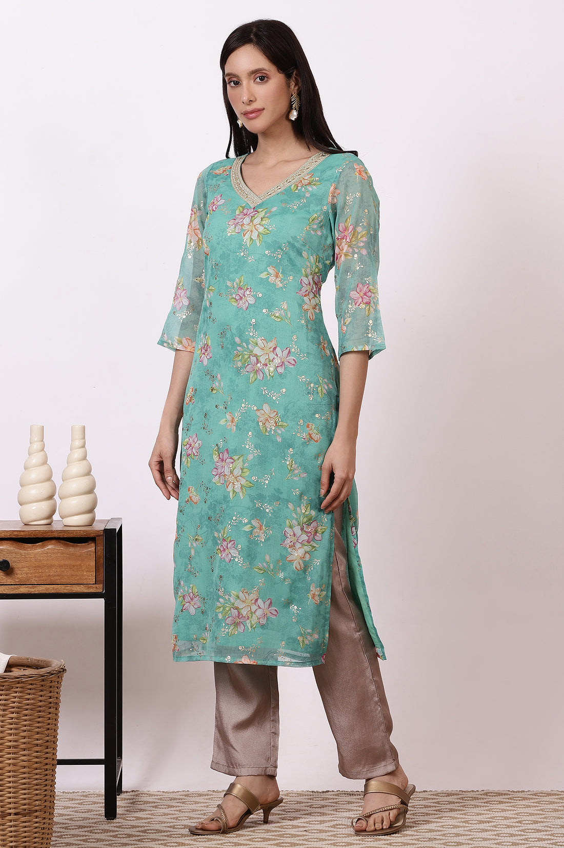 Green Floral Foil Printed Georgette Straight Kurta