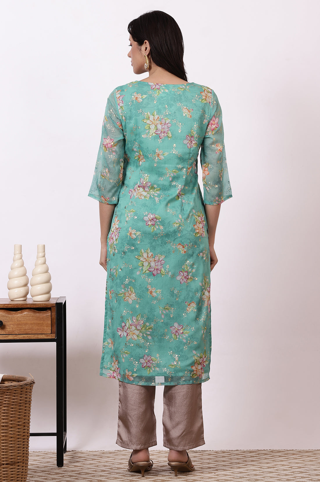 Green Floral Foil Printed Georgette Straight Kurta