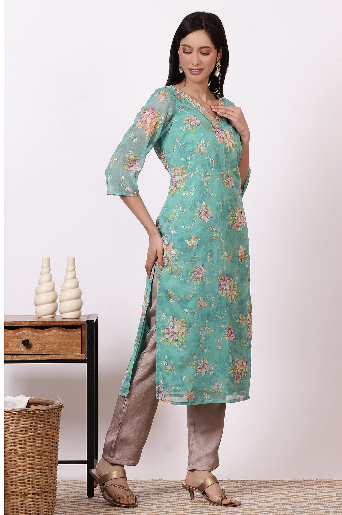 Green Floral Foil Printed Georgette Straight Kurta